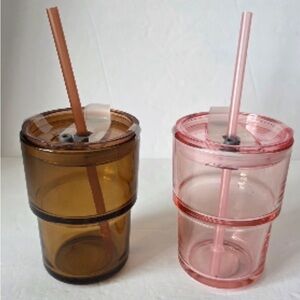 Bullseye Glass Tumbler Cups w/ Straw Set of 2